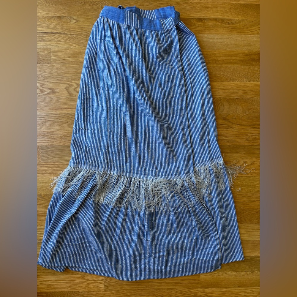 LemLem Blue & Silver Striped Wrap Skirt with Fringe / XS